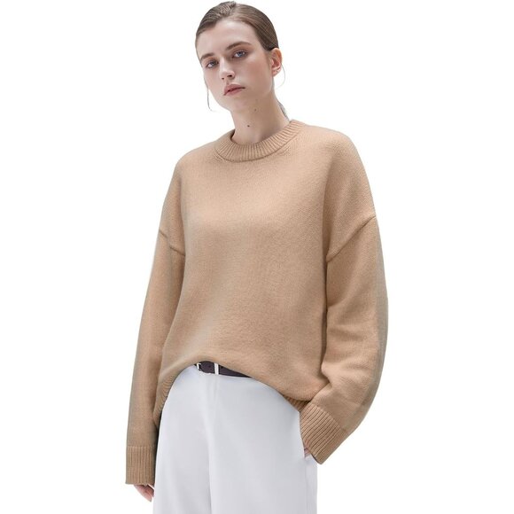 Women Cashmere Blend Oversized Crew Neck Umber Brown Soft Warm Pullover Sweater - Picture 1 of 4